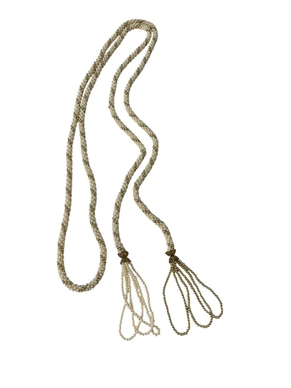 Vintage Seed Bead Necklace 74” Extra Long Tassel White Gold Tone Flapper Style
